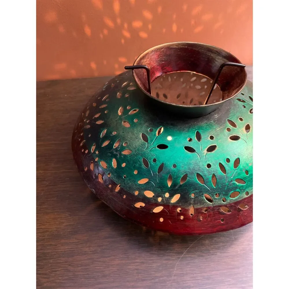 Pierced Metal Candle Lantern Green Red Leaf Cutout Boho Moroccan Light 10